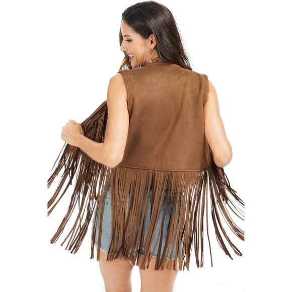 🆕Women Brown Faux Suede Western Sleeveless 70s Cowgirl Hippie Outfits - Picture 7 of 8